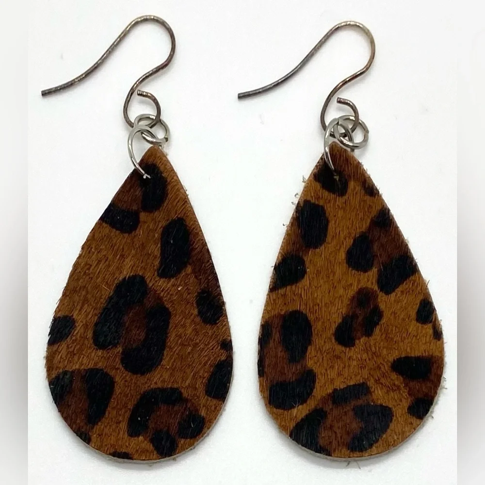 Brown Animal Print FauxFur Leather Dangle Earrings Boho Eclectic Y2K Festival